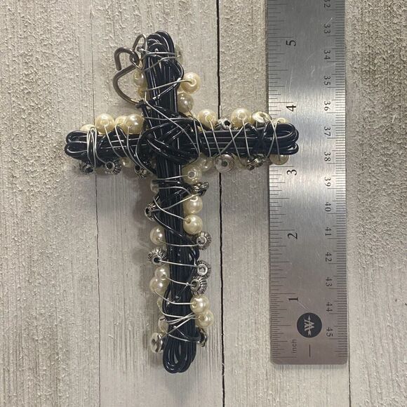 Handmade Unique Black Silver Pearl Beaded Wired Cross Christian Religious Cross - Picture 10 of 10
